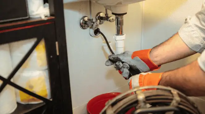 Drain cleaning technician using a motorized plumbing snake to clear a clogged sink pipe in Mesa, AZ